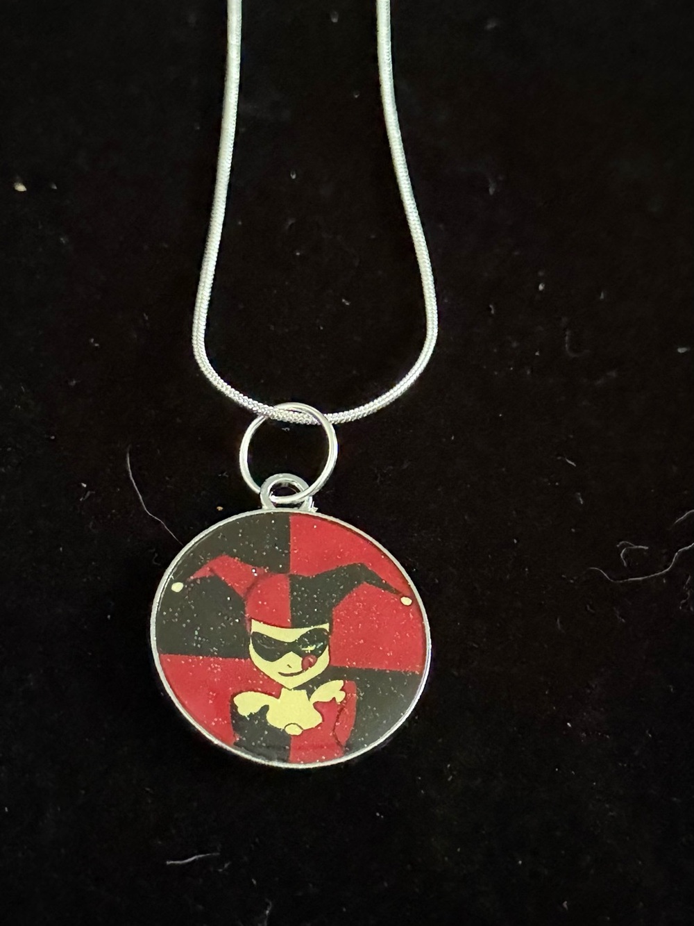 Harlequin Joker-Inspired Round Pendant Necklace - Red & Black